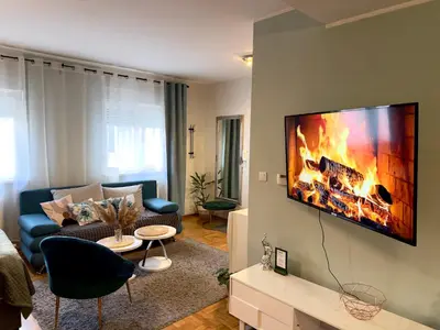 a living room with a couch and a fire on the wall at Belgrade Apartment 1 in Zvezdara