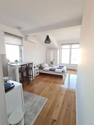 a living room with a bed and a table at Jordan Apartment - City Center in Belgrade