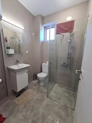 a bathroom with a shower and a toilet and a sink at Jordan Apartment - City Center in Belgrade