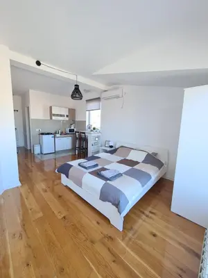 a bedroom with a large bed and a kitchen at Jordan Apartment - City Center in Belgrade