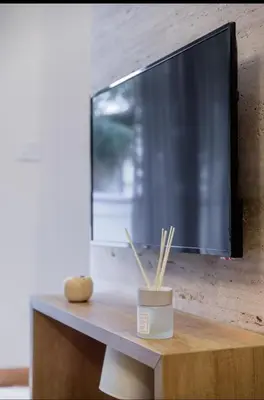 a flat screen tv on a wooden table with bamboo sticks at Belly in Vračar (historical)