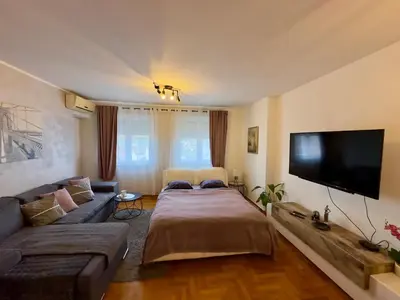 a living room with a couch and a flat screen tv at Belgrade Apartment 2 in Zvezdara