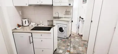 a small kitchen with a washing machine in it at Gala City Center Apartman in Belgrade
