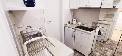 a small white kitchen with a sink and a dishwasher at Gala City Center Apartman in Belgrade