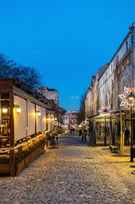 a cobblestone street in a city at night at Traveling Actor Skadarlija in Belgrade