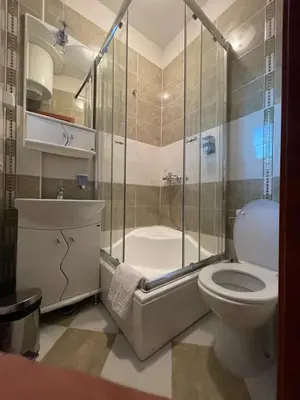a bathroom with a shower and a toilet and a sink at Traveling Actor Skadarlija in Belgrade