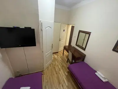 a small room with a tv and a purple floor at Traveling Actor Skadarlija in Belgrade