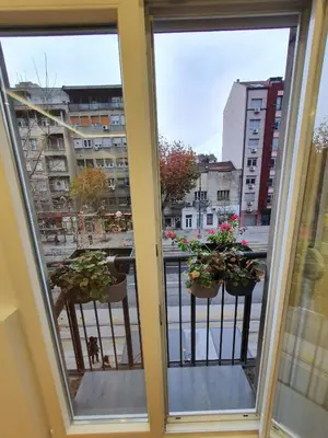 a window with three potted plants on a balcony at Apartment, Stari Grad, Belgrade in Belgrade
