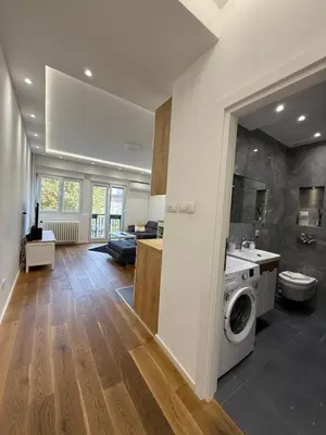 a kitchen and living room with a washing machine at Apartment, Stari Grad, Belgrade in Belgrade