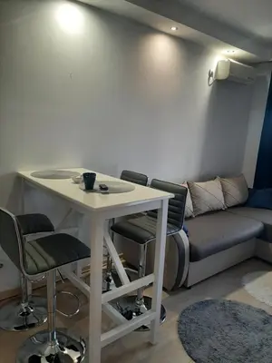 a living room with a table and chairs and a couch at Bulevar Star Apartment in Belgrade