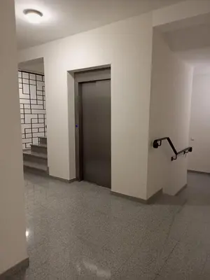 a hallway with a door and stairs in a building at Apartman Green wood in Arandjelovac