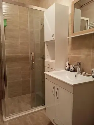 a bathroom with a shower and a sink at Apartman Green wood in Arandjelovac