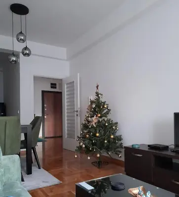 a living room with a christmas tree in the corner at Apartman Green wood in Arandjelovac