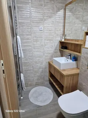 a bathroom with a toilet and a sink at Serbian home - 44, Gandijeva 184, free parking in Bežanija