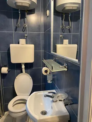 a bathroom with a toilet and a sink and a mirror at Dragon in Belgrade