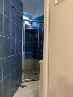 a bathroom with a shower with a glass door at Dragon in Belgrade