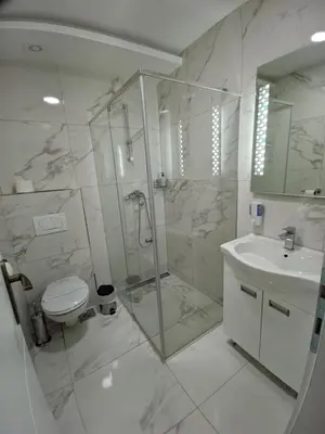 a bathroom with a shower and a toilet and a sink at Apartmani Danube LUX Smederevo in Smederevo