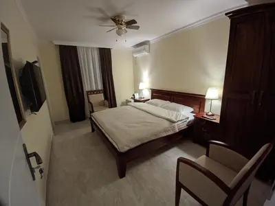 a bedroom with a bed and a ceiling fan at Apartmani Danube LUX Smederevo in Smederevo