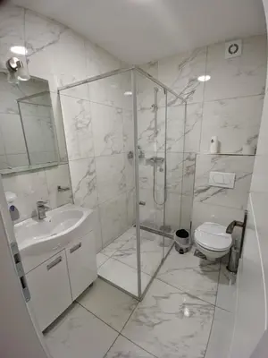 a white bathroom with a shower and a toilet at Apartmani Danube LUX Smederevo in Smederevo