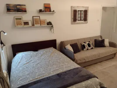a living room with a bed and a couch at Apartment Kaja in Belgrade