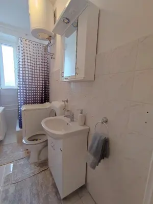 a bathroom with a toilet and a sink and a mirror at Apartment Kaja in Belgrade