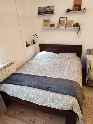 a bedroom with a bed with a wooden headboard at Apartment Kaja in Belgrade