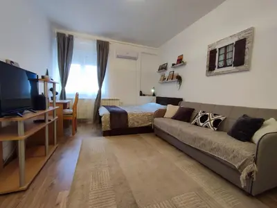 a living room with a couch and a bed at Apartment Kaja in Belgrade