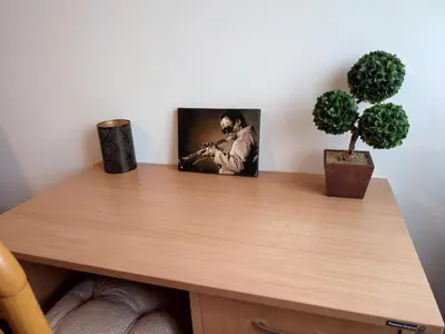 a table with a picture of a man playing a clarinet at Apartment Kaja in Belgrade