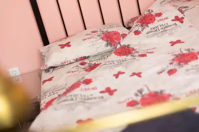 a bed with two pillows with red flowers on it at Mici Luxury Apartments in Ledine