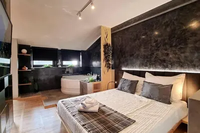 a bedroom with a large bed and a bath tub at CHILLA MILLA in Sajmište