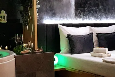 a bedroom with a bed and a bathtub and a bed with a green light at CHILLA MILLA in Sajmište