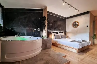 a bedroom with a bathtub and a bed and a bath tub at CHILLA MILLA in Sajmište