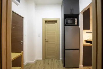 a small kitchen with a refrigerator and a microwave at Belgrade apartment Bulevar in Belgrade