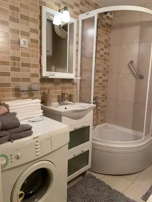 a bathroom with a sink and a washing machine in it at Bella apartment in Belgrade