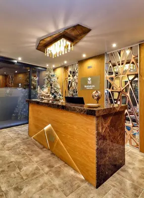 a lobby of a wine store with a christmas tree at Hotel Skadarlija NB in Belgrade