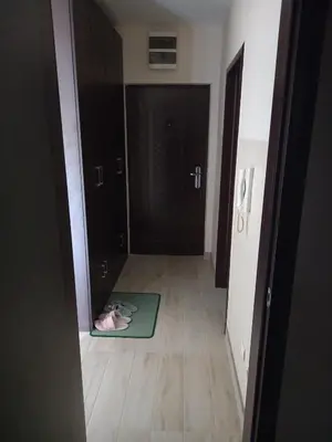 a hallway with a door with a person laying on a mat at Sofia Apartment in Surčin