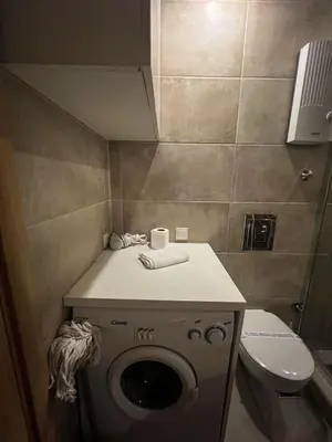 a small bathroom with a toilet and a sink at Belgrade Pearl with free parking in Belgrade