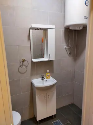 a bathroom with a sink and a toilet and a mirror at Jež in Belgrade