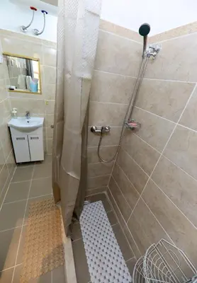 a shower with a shower curtain in a bathroom at Central Ant Apartment in Belgrade