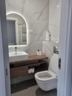 a bathroom with a toilet and a sink and a mirror at Parliament View Apartments in Belgrade