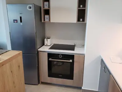 a kitchen with a refrigerator and a stove at B-G Waterfront Apartment in Belgrade