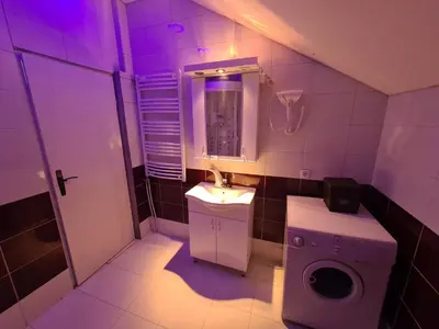 a bathroom with a sink and a washing machine at Apartmani Mladenović in Kijevo