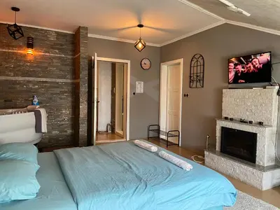 a bedroom with a large bed and a fireplace at President app Arandjelovac in Arandjelovac