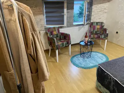 a living room with two chairs and a table at President app Arandjelovac in Arandjelovac