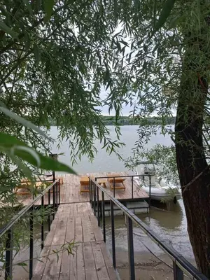 a wooden dock with a boat on a lake at Bora kuće na reci in Belgrade