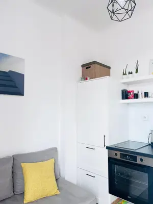 a living room with a couch and a stove at You will love it, in Vracar in Belgrade