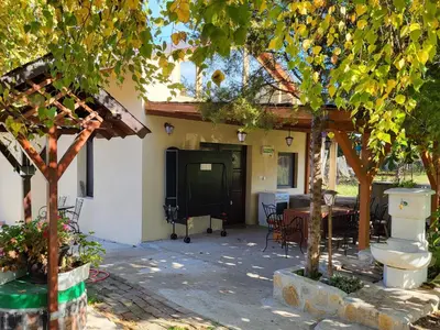 a house with a patio with a table and chairs at Vila Mila Fruška Gora in Velika Remeta