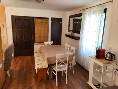 a kitchen and dining room with a table and chairs at Vila Mila Fruška Gora in Velika Remeta