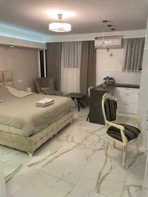 a bedroom with a bed and a desk and a chair at Liga apartment in Vračar (historical)