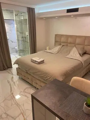 a bedroom with a large bed and a table at Liga apartment in Vračar (historical)